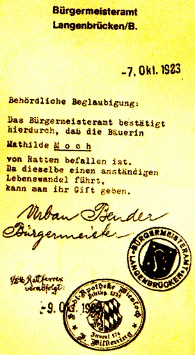 (Certification by the local authority:  The farmer's wife is infested with rats. As she is a person of good standing, she may be given poison.)